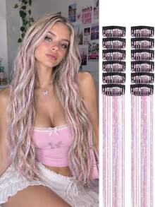12-Piece Set Of Sparkling Clip-On Hair Extensions, 16-Inch Colorful And Stylish Hair Accessories, Perfect For Women's Holidays, Parties, And Chic Look - Multicolor - View 8