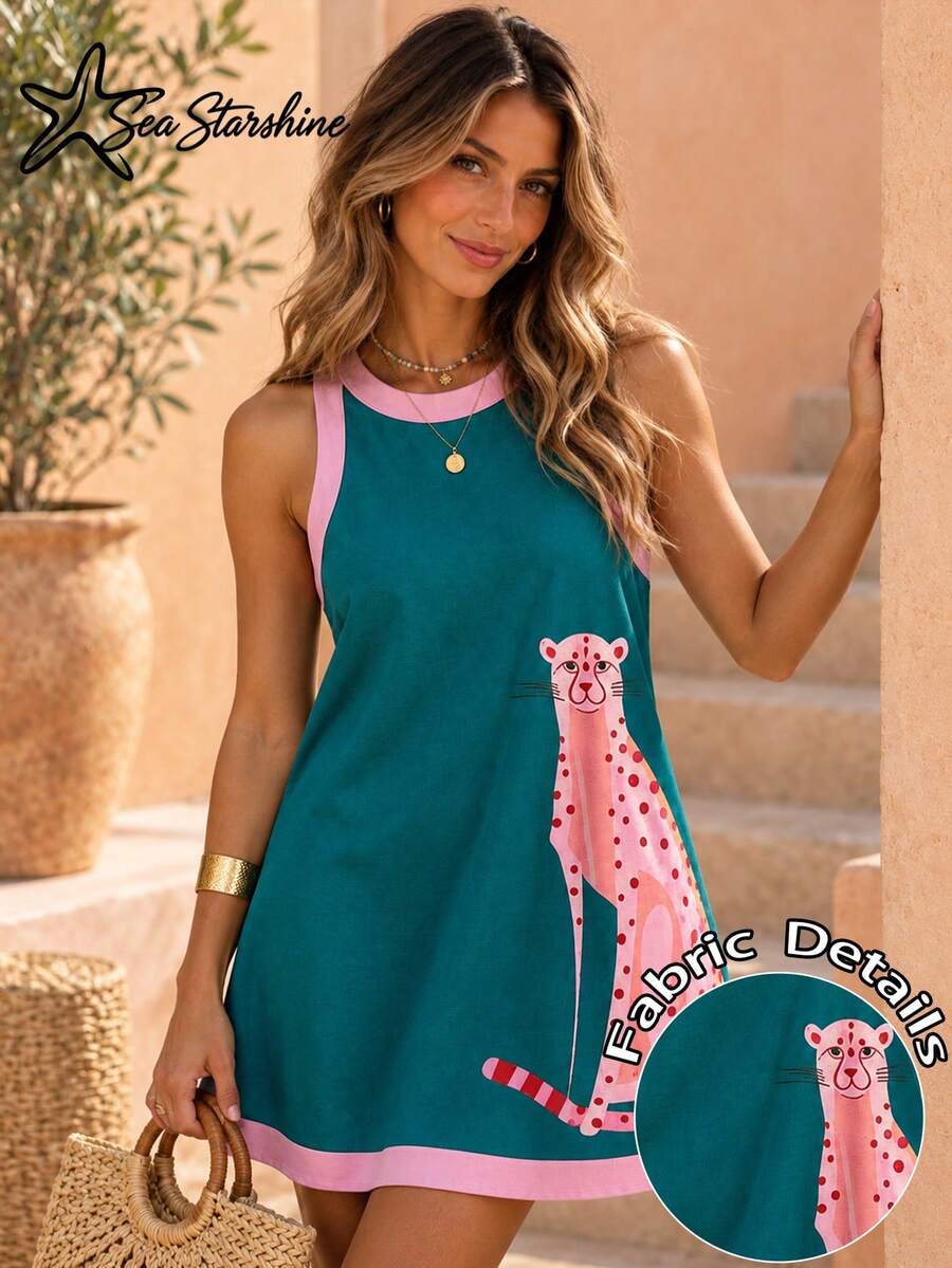 Sea Starshine Women's New Spring/Summer Collection Fashion Casual Beach Vacation Style Leopard Print Digital Print Spaghetti Strap Dress Elegant - Blue - View 1
