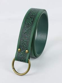 Medieval Celtic Pattern PU Leather Belt, Vintage Round Buckle Waist Cincher, Halloween Renaissance Elf Cosplay Accessory, LARP Theme Party Costume Prop - Green - View 10