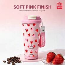 MINISO, Coffee Cup, Cute Polka Dot Pattern, 500ml Stainless Steel Coffee Cup, With Straw, Portable Cup; Gift For People. - Pink - View 6