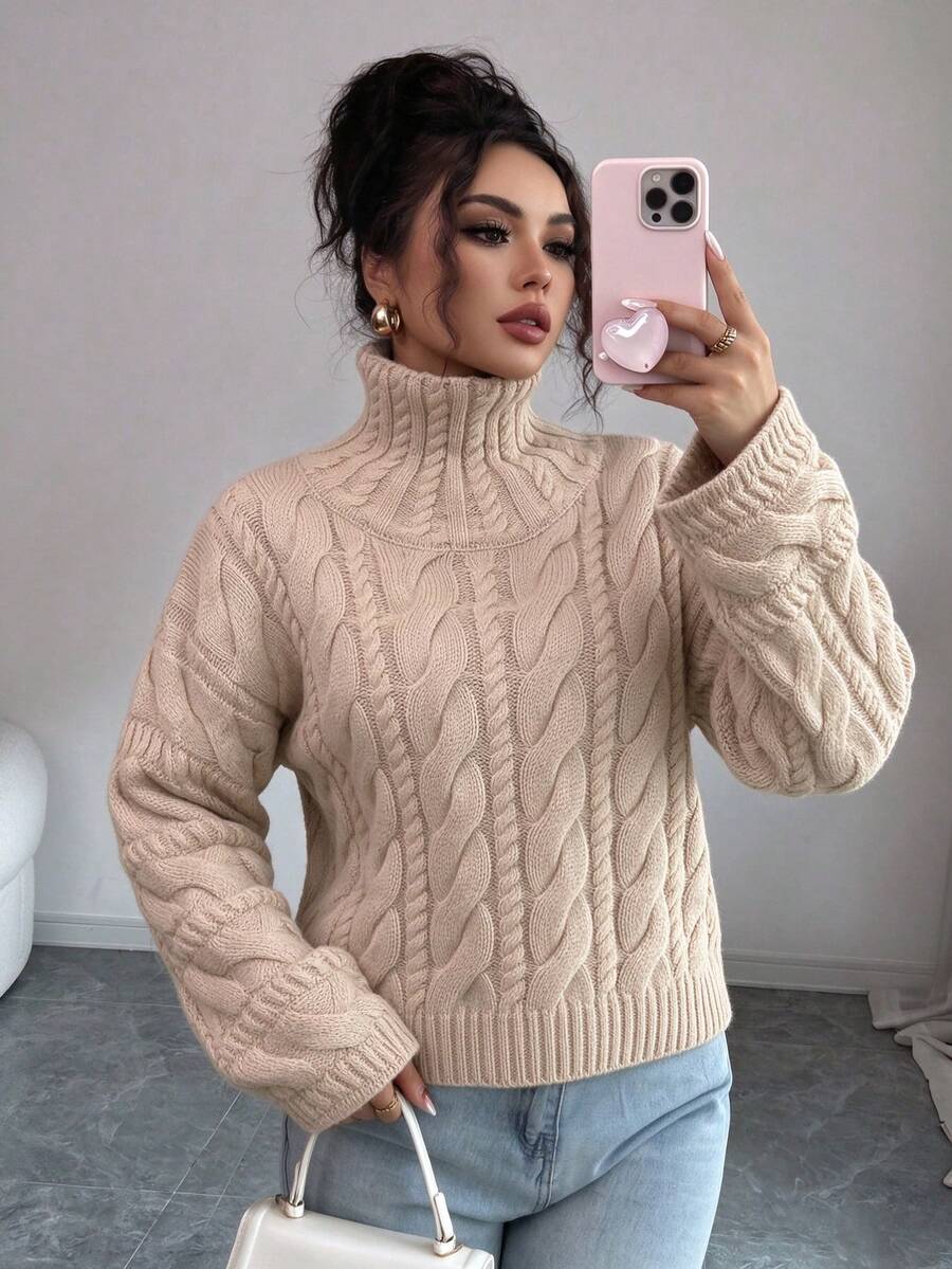1pc Women's High Neck Cable Knit Pullover Sweater, Vintage Style, Suitable For Daily Wear, Dating And Outings - Khaki - View 1