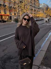 Dark Brown Round Neck Oversized Loose Drop Shoulder Design Flattering Slimming Soft Warm Knit Sweater For Autumn/Winter - Coffee Brown - View 2
