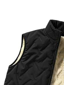 Women's Quilted Stand Collar Vest, Fleece Side Panel Sleeveless Jacket, Winter Warm Outerwear Vest - Black - View 6