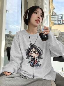 女款時尚秋冬寬鬆百搭字母與卡通小女孩印花長袖T恤休閒款 - 淺花灰 - 查看 3