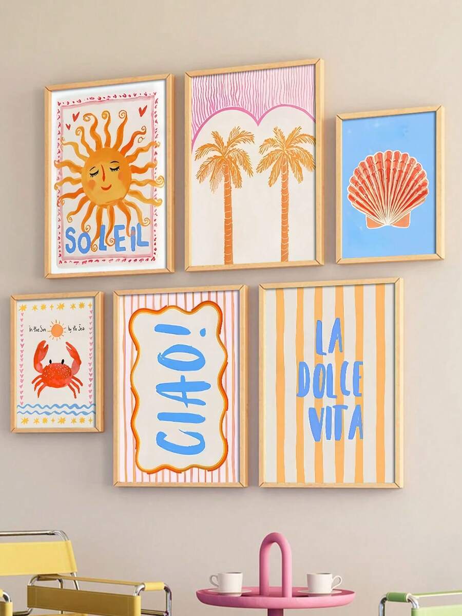 6pcs Sun Crab Shell Print Poster Gift Set, Unframed Canvas Prints, Kitchen Wall Decor Art, Suitable For Room Decor, Living Room, Bedroom, Bathroom, Kitchen, Entryway, Hallway, Wall, Home Decor, Holiday Decor, 2D Flat, Perfect For Various Spaces - Text a - View 1