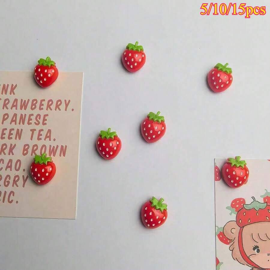 5/10/15pcs Realistic Strawberry Resin Fridge Magnets, Cute Fruit Shaped Magnetic Memo Clips, Kitchen Whiteboard Storage Cabinet Home Decor Small Magnets - Red - View 1