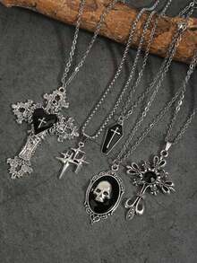 5pcs Vintage Gothic Style Rose, Heart, Cross, Skull, Gemstone, Coffin, Bat, Star Men's Necklace Set - Silver - View 2