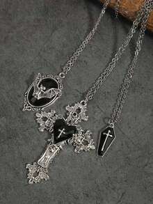 5pcs Vintage Gothic Style Rose, Heart, Cross, Skull, Gemstone, Coffin, Bat, Star Men's Necklace Set - Silver - View 13