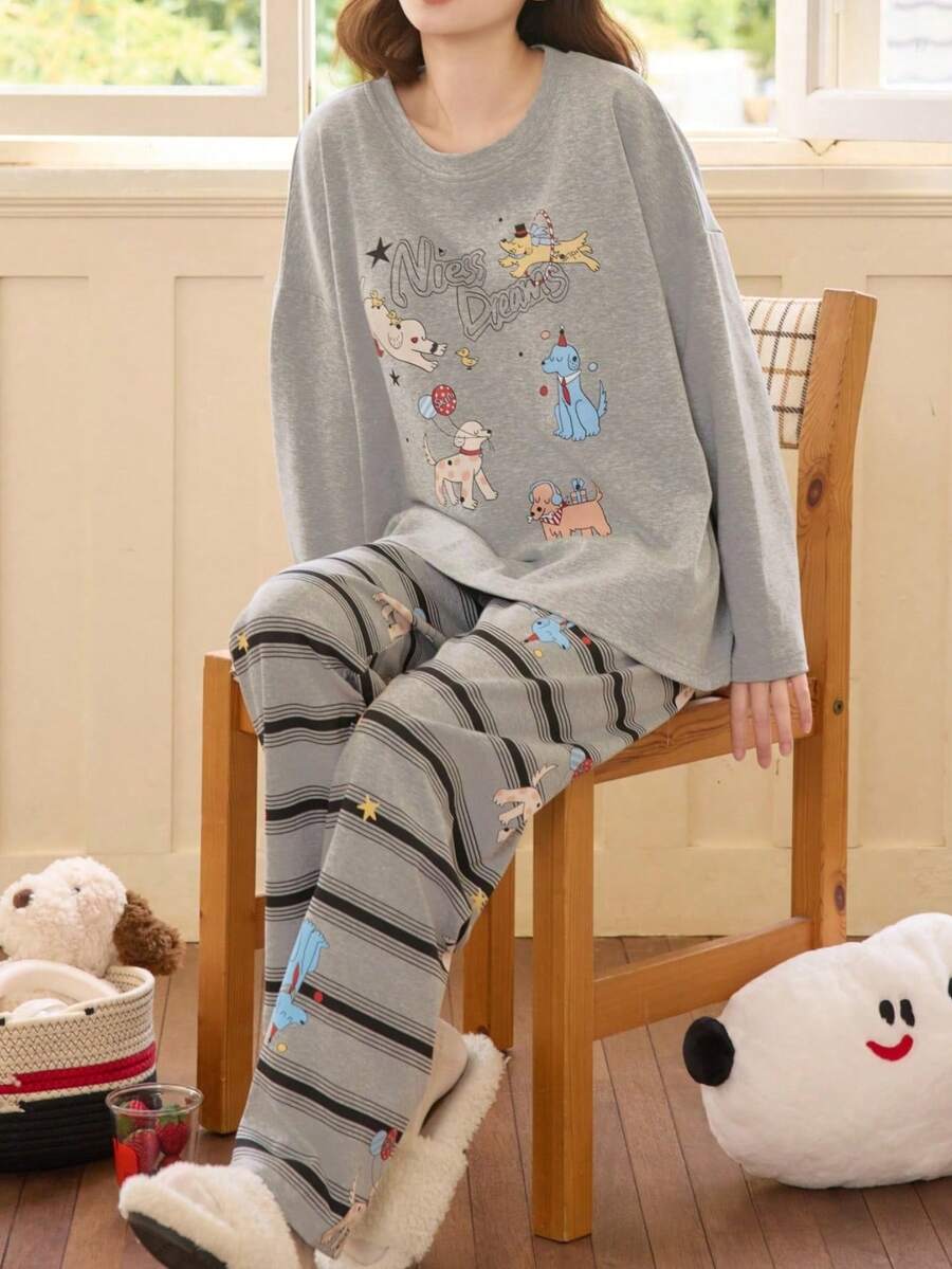 2pcs/Set Women's Pajamas Loungewear Set, Cute Animal Print Pullover Round Neck Casual Long Sleeve Cropped Pants, Comfortable For Home Wear - Grey - View 1