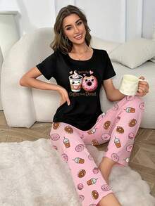 Pijama Mujer Conjunto 2 Piezas, Camiseta Negra Estampado Donas y Café, Pantalón Rosa Estampado Dulces, Ropa de Dormir para Halloween y Día de Muertos. - Colores mixtos - Ver 1