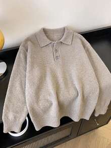 1pc Big Kids Boys Oatmeal Color Mixed Knit Polo Sweater, Japanese Style Soft Neutral Unisex Children Spring Autumn School Uniform Inner Layer Top - Brown - View 2