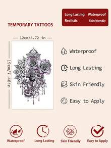 1pc Rose Chain Temporary Tattoo Sticker, Floral & Chain Print Pattern, Suitable For Women's Legs, Back, Waist, Arms, Waterproof & Sweat-Resistant, Cool Tattoo Sticker, Looks Very Realistic, Easy To Apply And Remove, Wedding, Music Festival, Party Supplies - Black - View 4