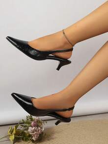 Elegant Fashionable Women's High Heels, Soft Fabric Pointed Toe Kitten Heel Slingback Sandals, Simple Comfortable Slip-On, Low Heel Commuter Office Shoes, Versatile For All Seasons - Black - View 4