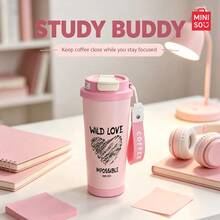 MINISO, Coffee Cup, Cute Polka Dot Pattern, 500ml Stainless Steel Coffee Cup, With Straw, Portable Cup; Gift For People. - Pink - View 4