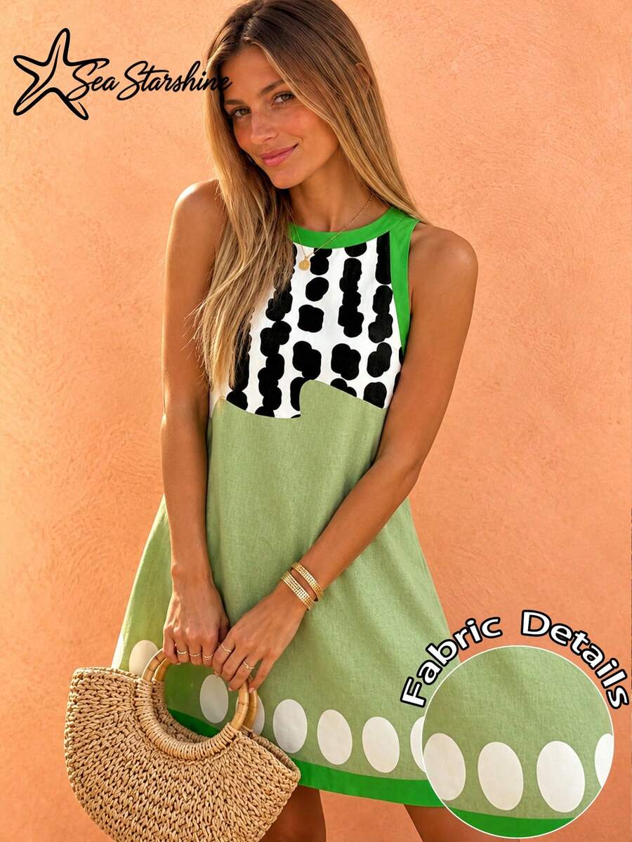 Starfish Shiny Sleeveless Vacation Dress, Colorful Fish & Letter Print Inspired By Ocean, For Spring/Summer Elegant - Green - View 1