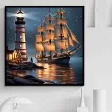 1PC DIY 5D Diamond Painting Kit Lighthouse And Sailboat Pattern - Round Full Diamond Art Mosaic Craft, Home Wall Decor, Frameless - No Frame - View 3