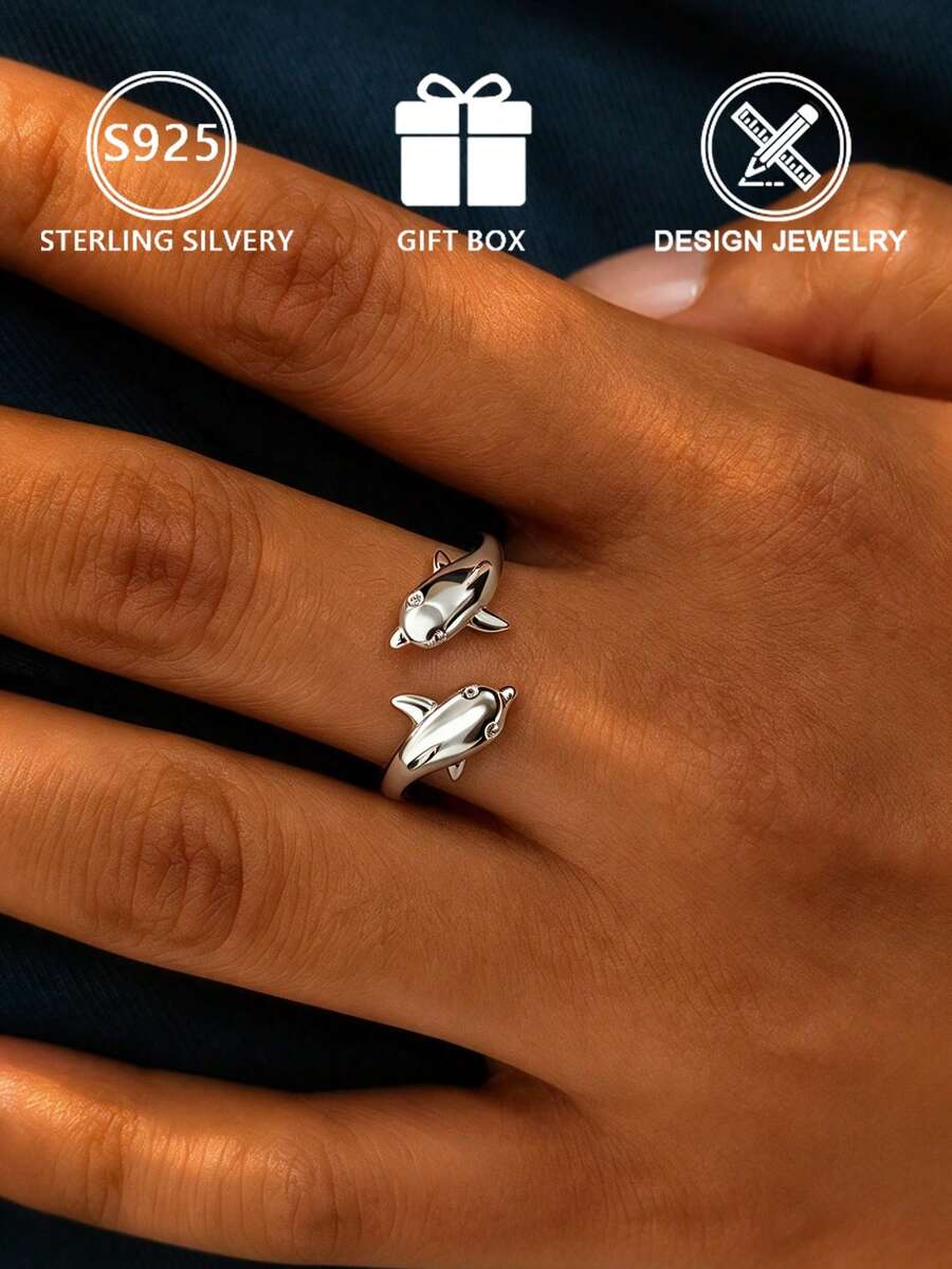 1pc 925 Sterling Silver Women's Ring, Double Dolphin Design, Adjustable Open Band, Micro-Inlaid Zirconia - Silver - View 1