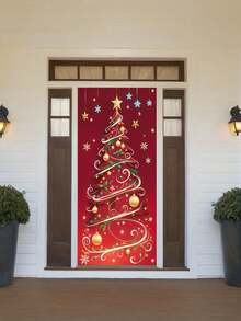 1pc Rectangular Christmas Door Banner With Merry Christmas Tree, Snowflakes, Golden Stars & Bells - Suitable For Parties, Porch Hanging, /Outdoor Decoration, Holiday Door Cover For Entrance, Family Photo Background - Christmas Door Flag - View 7