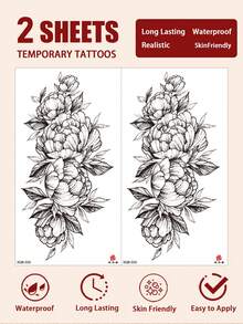 2pcs Y2K Style Tattoo Stickers, Rose & Peony Floral Pattern, Disposable Temporary Tattoos, Gothic Scroll Design, Waterproof & Sweat-Resistant, Washable, Non-Reflective, Realistic Tattoo Effect For Arms, Legs, Shoulders, Chest, Back, Suitable For Fashion-Forward People, Lasts 3-5 Days - Black - View 8