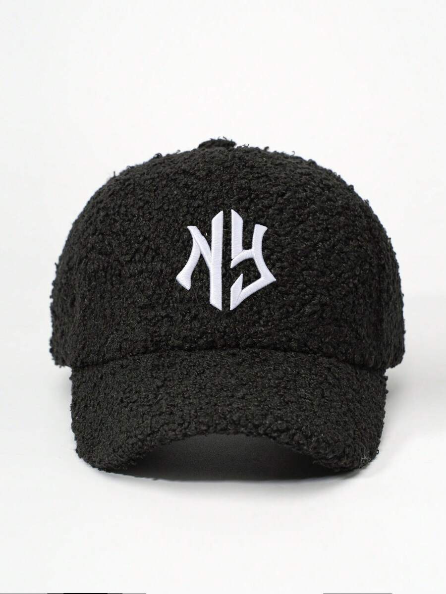 1pc New York Embroidered Winter Baseball Cap, Women's Wool Solid Color Warm Baseball Cap, Suitable For Outdoor Travel - Black - View 1