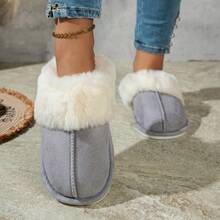 Cross-Border Women's Warm Casual Plush Closed-Toe Fuzzy Slippers, Non-Slip Wear-Resistant Indoor House Slippers - Grey - View 1