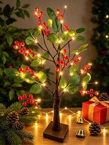 1PC Red Berry Green Leaf Brown Tree Lamp 24 Lights 60CM High, USB + 3 AA Batteries Dual Use, Warm White LED Desktop Tree Lamp, Autumn Winter Christmas Thanksgiving New Year Bedroom Home Housewarming Atmosphere Decor - Yellow - View 9