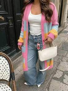 Plus Size Women's Colorblock Striped Long Cardigan Sweater, Autumn/Winter Open Front Knit Jacket With Pockets, Fashionable Versatile Loose Casual Streetwear - Pink - View 8