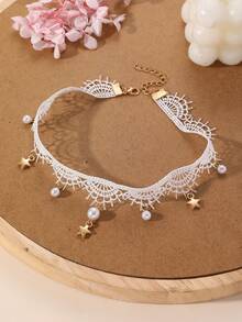 NAIZHU 1/2 buah Kalung Liontin Mutiara Bulan Bintang Renda Manis untuk Anak Perempuan, Cocok untuk Pemakaian Sehari-hari, Pesta, dan Liburan - Putih - View 10