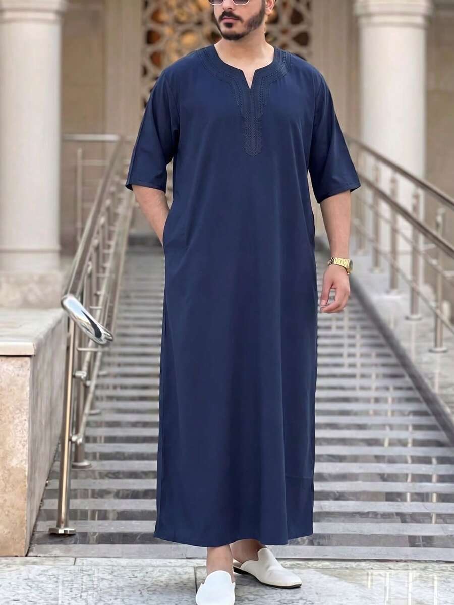 New Muslim Men's Short Sleeve Embroidered Moroccan Style Arabic Robe, Suitable For Daily Wear And Gift Giving - Royal Blue - View 1