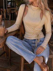 Women's 2 Pieces Knit Set, Halter Neck Bodycon Tank Top With Long Sleeve Cover Up, Comfortable Autumn/Winter Daily Commute Streetwear, Fashion Knit Top - Apricot - View 4