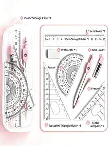 8 Parça Pusula Cetvel Seti, Cetvel, Üçgen Cetvel, İletki, Silgi, Kurşun Uç ve Saklama Kutusu İçeren Geometri Çizim Kırtasiye Seti, Okul Gereçleri - A - Görünüm 2
