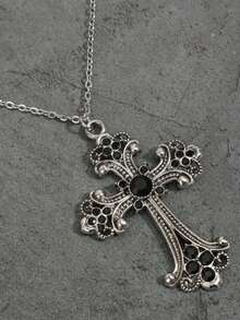 Vintage Gothic Style Rhinestone Cross Pendant Necklace For Men - Black - View 5