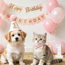 Pet 1st Birthday Party Hat, Linen Cone Hat With Pink Pom Pom And Glitter Number 1, Soft Adjustable Party Costume Photo Prop, Suitable For Small Dogs, Cats, Puppies, Kittens First Birthday Celebration - Multiple Styles - View 2