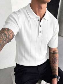 Men's Summer Fashion Ribbed Polo Collar Short Sleeve Sweater, Essential Summer Knit Short Sleeve - White - View 2