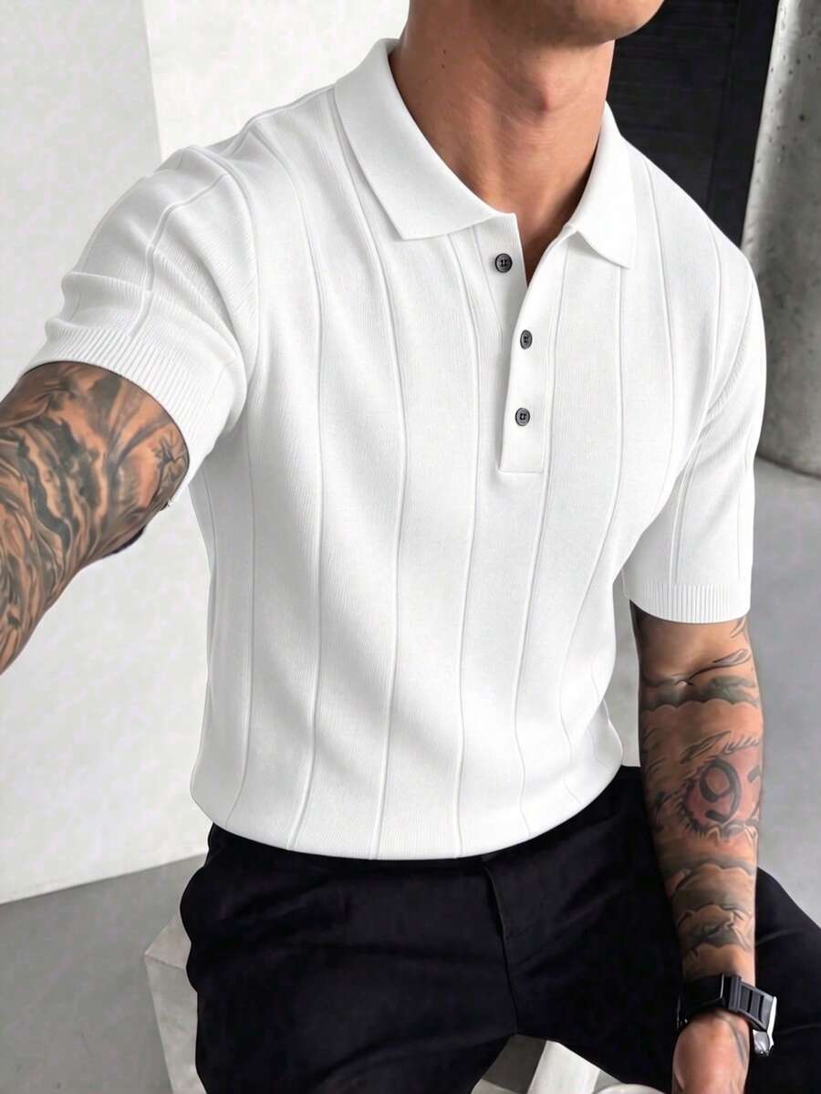 Men's Summer Fashion Ribbed Polo Collar Short Sleeve Sweater, Essential Summer Knit Short Sleeve
