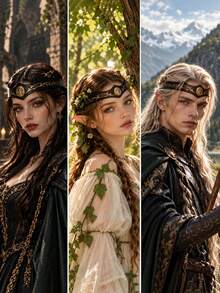 1pc Medieval Leather Vine Headband, Gold Pattern Elf Crown Headpiece, Fantasy Role Play Headwear, Renaissance Style LARP Cosplay Accessory, Women's Halloween Party Costume Prop, 3 Colors Available - TD - View 2