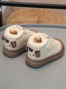 Kids High-Top Shoes With Faux Plush Lining, Hook And Loop Strap & Decorative Laces - Soft Sole Winter Casual Shoes Non-Slip - Beige - View 4
