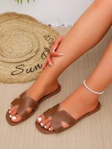 Brown Slide Sandals, Chic Faux Leather Open Toe Slippers With Hollow Cutout Strap, Casual Summer Footwear For Beach Vacation & Daily Party - Brown - View 5