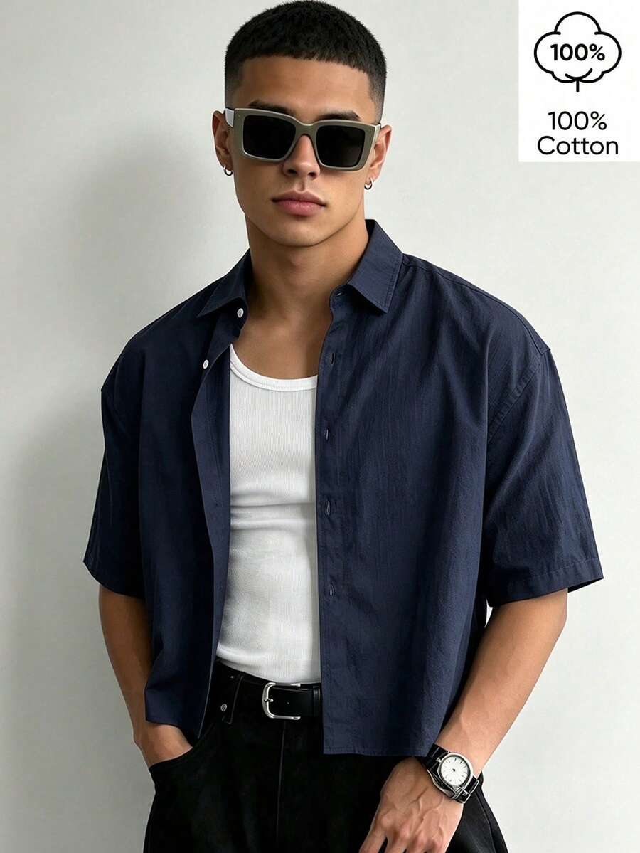 WAIT HIM 100% Cotton Men's Casual Short Sleeve Solid Color Short Shirt - Navy Blue - View 1