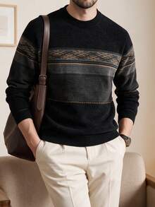 Men's Blue Striped Chenille Knitted Sweater, Thermal Lined, Thick For Winter - Black - View 4