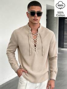 WAIT HIM 100% Pure Cotton Men's Casual Solid Color Half-Placket Tie-Waist Long Sleeve Shirt - Apricot - View 3