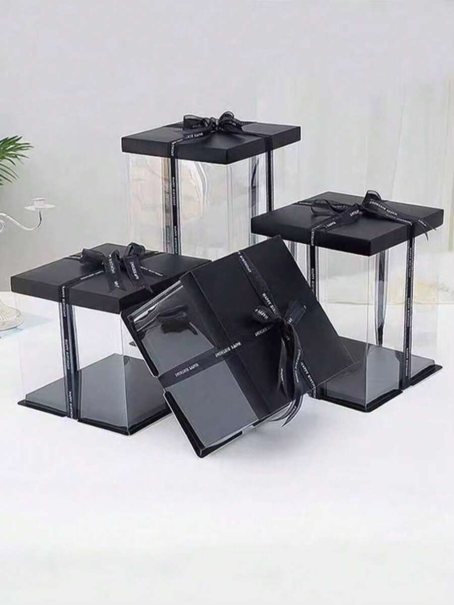 1 pieza Caja de regalo transparente - Caja de embalaje para oso de rosas artificiales - Caja de regalo transparente de PVC DIY - Decoración para bodas y cumpleaños (Incluye cinta) - Negro - Ver 1