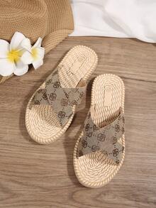 Vintage Floral Woven Cross Strap EVA Sole Flat Slide Sandals For Women, Natural Style Holiday Casual Flat Slippers - Multicolor - View 2