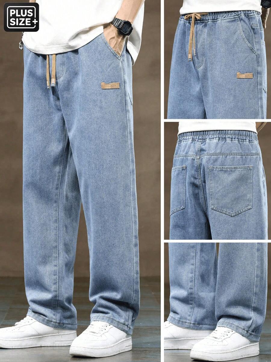 Pantalones vaqueros de talla grande para hombres con cintura elástica y cordón, de corte relajado, pierna recta holgada, cómodos, para todas las estaciones - Azul lavado medio - Ver 1