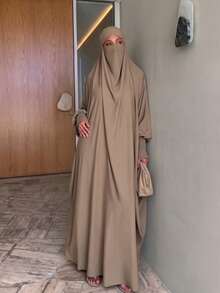 1pc Women's Long Sleeve Abaya With Hood - Khaki - View 3