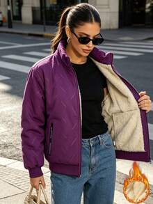 Women's Zipper Hooded Fleece Jacket, Multi-Pocket High Collar Warm Winter Coat, Suitable For Running, Hiking, Casual Sports - Purple - View 2