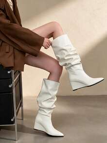 Pointed Toe Ruched Stacked High Knee Boots, Plus Size Women's Glossy Stiletto Heel Atmospheric Long Boots - White - View 9