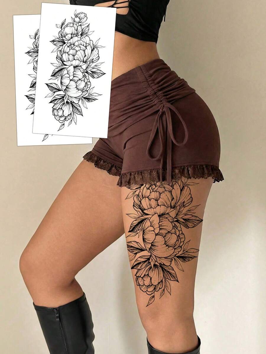 2pcs Y2K Style Tattoo Stickers, Rose & Peony Floral Pattern, Disposable Temporary Tattoos, Gothic Scroll Design, Waterproof & Sweat-Resistant, Washable, Non-Reflective, Realistic Tattoo Effect For Arms, Legs, Shoulders, Chest, Back, Suitable For Fashion-Forward People, Lasts 3-5 Days - Black - View 1