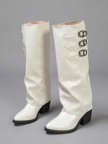 Vintage Women's Pointed Toe Chunky Heel Triple Buckle Slouchy High Tube Boots - White - View 4