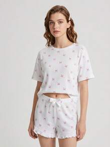 Aesletic 2pcs Women Casual Pajama Set, Cute Bow Print Top, Lightweight & Breathable Homewear Suit, Summer - White - View 1